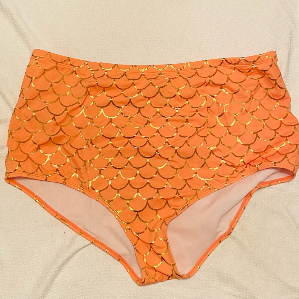 Coral and Gold Scallop High-Waisted Bikini Bottoms